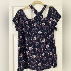 LOFT Cold Shoulder Blouse Womens Size Med. Blue Floral Vines Boho